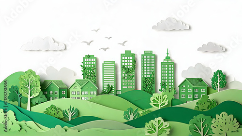 A paper-cut style illustration of an eco-friendly city integrating buildings with lush natural landscapes and greenery.