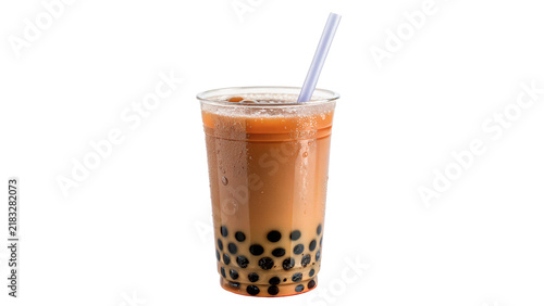 Refreshing sweet bubble milk tea beverage with black tapioca pearls in plastic cup