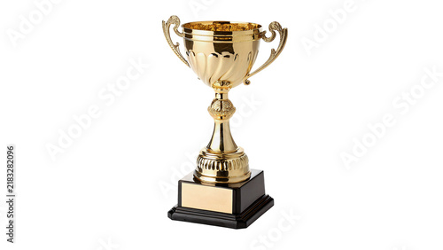 Quadro su tela Elegant golden champion trophy cup prize on dark base isolated glory reward
