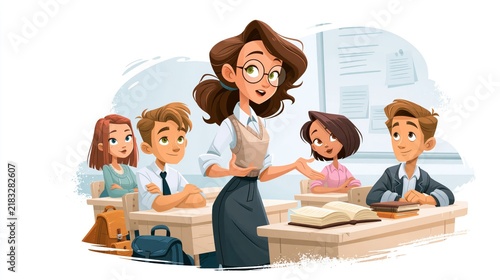 Smiling female teacher interacting with diverse young students in a bright classroom during a lesson