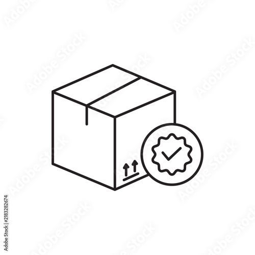 Cardboard box with checkmark badge icon for successful ecommerce order package delivery shipping logistics parcel service