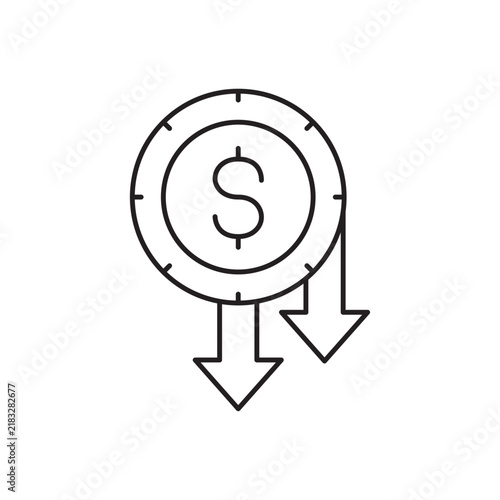 Dollar coin down arrow icon vector for financial planning investment loss market decrease business decline price drop cost reduction economic recession money management
