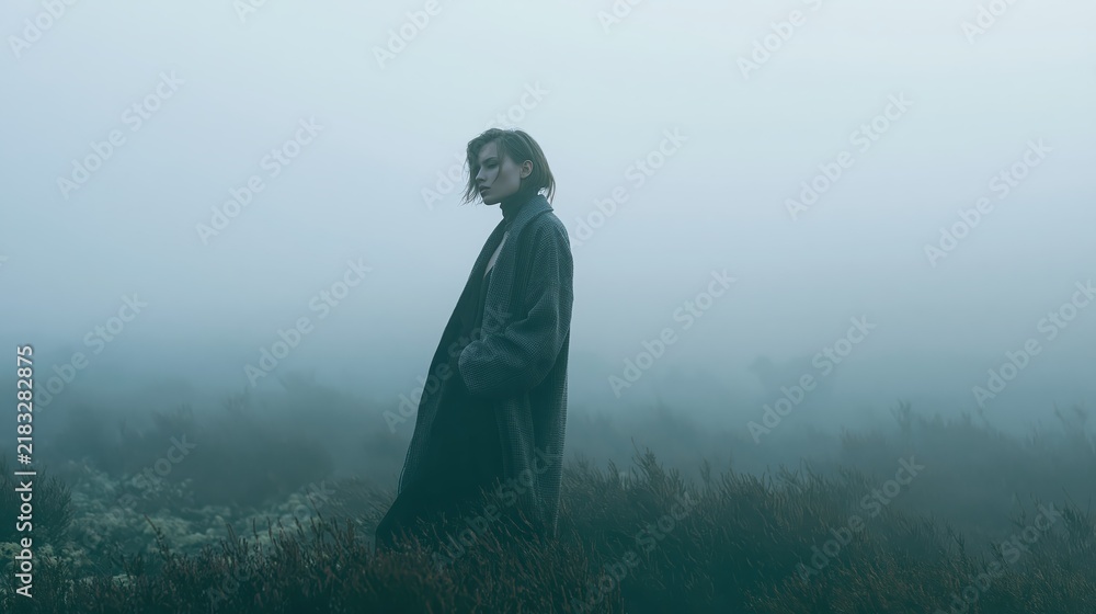 Obraz premium Woman in a long coat standing in a foggy field during twilight with a contemplative mood and atmospheric lighting