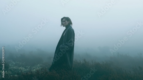 Woman in a long coat standing in a foggy field during twilight with a contemplative mood and atmospheric lighting