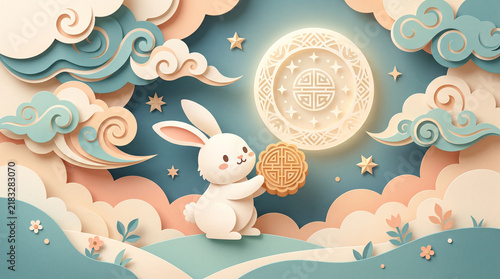 Paper cut style Mid-Autumn Festival art with rabbit and moon.