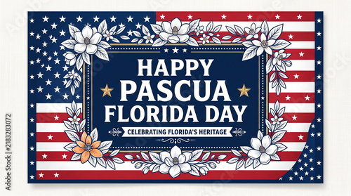 Pascua Florida Day celebration banner with flag and flowers.