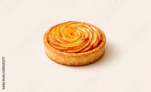Spiral apple rose tart with glazed pastry crust on a neutral studio backdrop