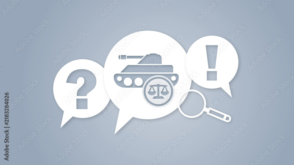 Obraz premium Conceptual image representing military law, justice in war, and international humanitarian law with a tank, scales, question mark, exclamation mark, and a magnifying glass.