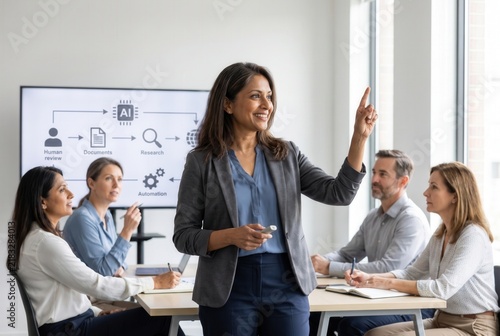 Businesswoman presenting ai automation and research concepts to colleagues in an office meeting room
