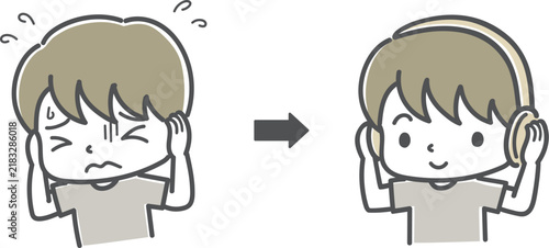 聴覚過敏の男の子がイヤーマフをつけて安心するイラスト