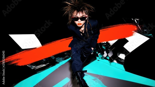 Futuristic Fashion Portrait: Edgy Woman in Avant-Garde Outfit with Bold Red and Turquoise Accents