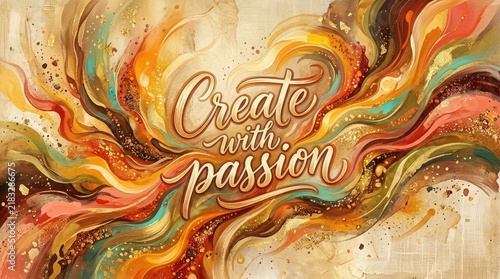 Inspiring 'Create with Passion' calligraphy art with swirling vibrant colors and golden glitter accents