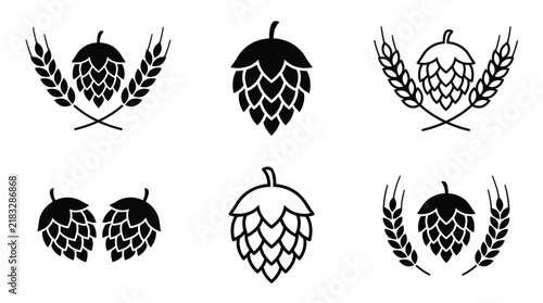 Collection of black and white beer hop icons with barley stalks for professional brewery branding designs
