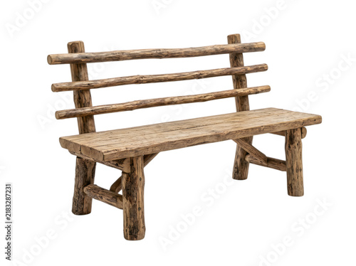 Rustic wooden park bench with backrest isolated on transparent background