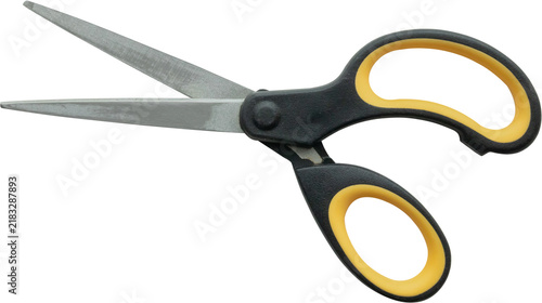 Black and yellow stationary scissors isolated on white background