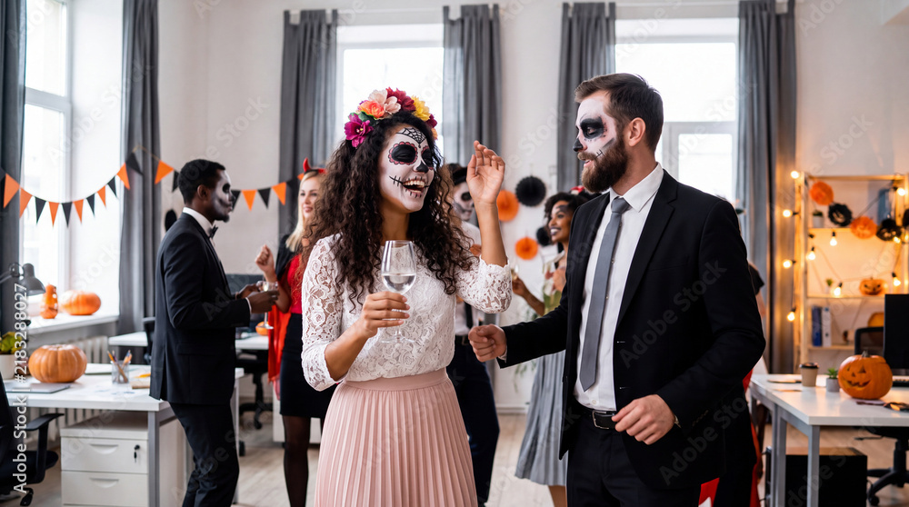 Obraz premium Group of people in Halloween costumes celebrating with face paint and decorations in a modern office space during a festive party