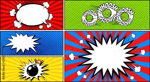 Vibrant and dynamic comic book style vector illustration with bold outlines, halftone patterns, and high contrast colors featuring an action scene with speech bubbles and explosive elements.