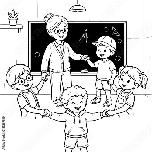 Teacher and happy students holding hands circle