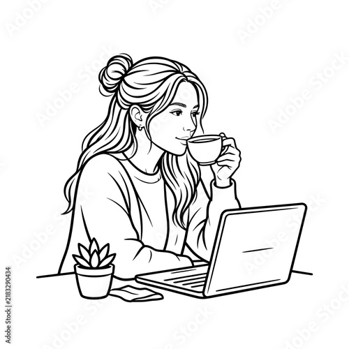 Young woman drinking coffee while using laptop