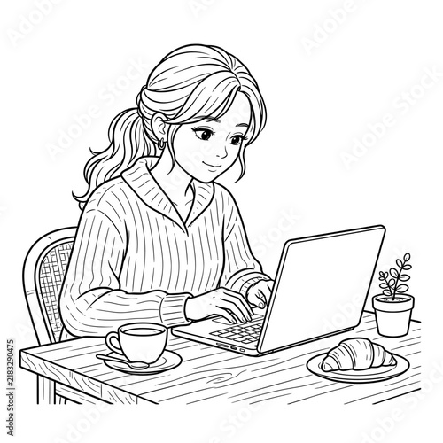 Woman Working on Laptop in Cafe Coloring Page