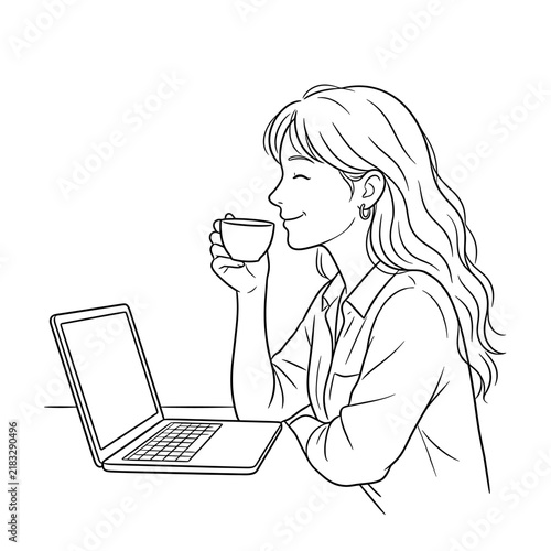 Woman enjoying coffee while working on laptop sketch
