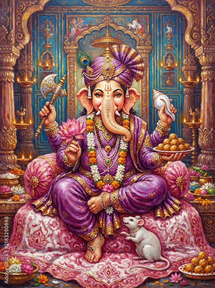 Fototapeta premium Lord Ganesha seated on an ornate throne with his mouse vahana, traditional Hindu deity illustration for religious festivals