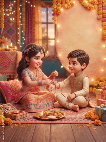 3D illustration of a sister tying a Rakhi on her brother's wrist for Raksha Bandhan.