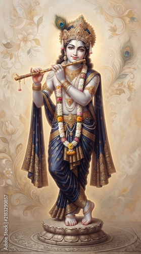 Lord Krishna Playing Flute Hindu Deity Illustration