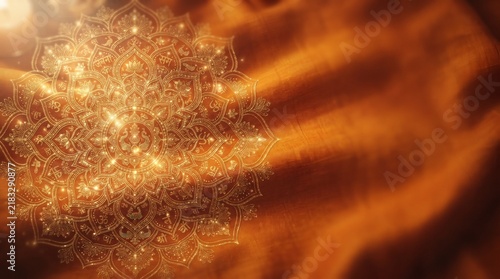 Abstract golden background with glowing mandala pattern, shiny light effects, and soft fabric texture, perfect for Indian cultural festivals, meditation, spirituality, and luxury events.