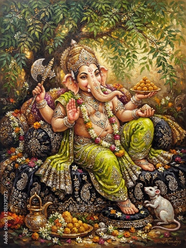 Lord Ganesha sitting on a throne surrounded by flowers with a rat, Hindu god of wisdom and success