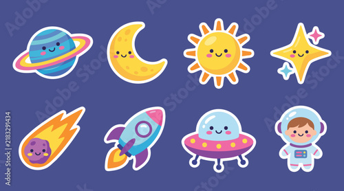 Colorful kawaii space stickers featuring cute planets moons stars rockets and astronauts in flat vector style
