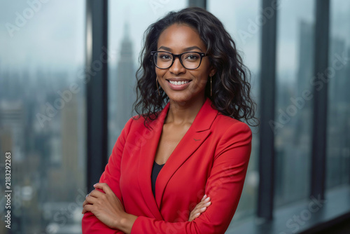 Confident black businesswoman smiles warmly in modern office space. She wears red blazer and stylish glasses. Her arms are crossed, posture exudes professionalism