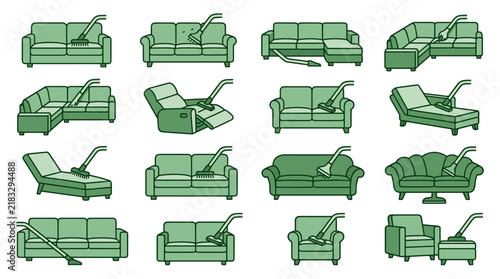 Obraz na płótnie Vector icons set showcasing various green sofas and couches being cleaned with a