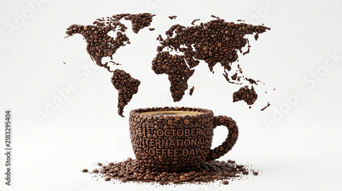 World map made of coffee beans over a cup.
