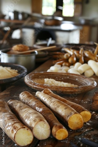 A kitchen setting with various cassava-based dishes, emphasizing the versatility of cassava in Caribbean, South American, and Asian cuisines, with a focus on organic farming and traditional cooking