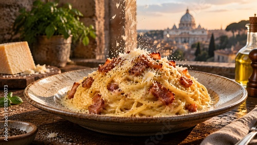 Authentic spaghetti carbonara with pecorino cheese and guanciale, traditional Italian pasta dish, rustic dinner with city view