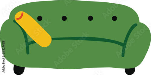 Cuadro en lienzo Cute green sofa couch with yellow bolster cushion vector illustration isolated on white background