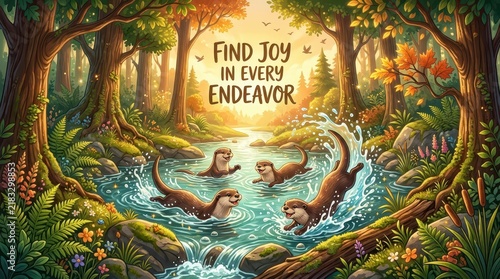 Joyful Otters Swimming in a Lush Forest Stream, Inspiring Message 'Find Joy in Every Endeavor' Set Against Vibrant Nature