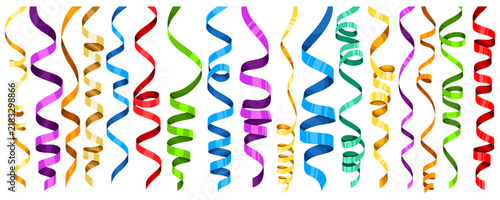 Holiday curly serpentine. Spiral ribbon set. Shiny party streamers. Multicolored confetti. Cheerful festive decoration for any celebration. Vector illustration