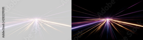 Abstract high speed light trails converging at horizon. Glowing purple and gold rays motion effect overlay. Futuristic hyperspace speed of light concept
