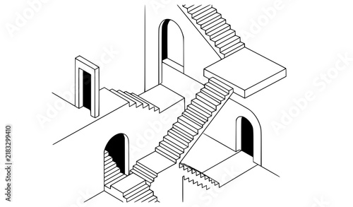 Abstract Architectural Staircase Labyrinth With Arched Doorways Line Art Vector