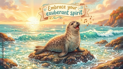 Joyful Seal Singing on Rock in Sparkling Ocean at Sunset, Embracing Exuberant Spirit