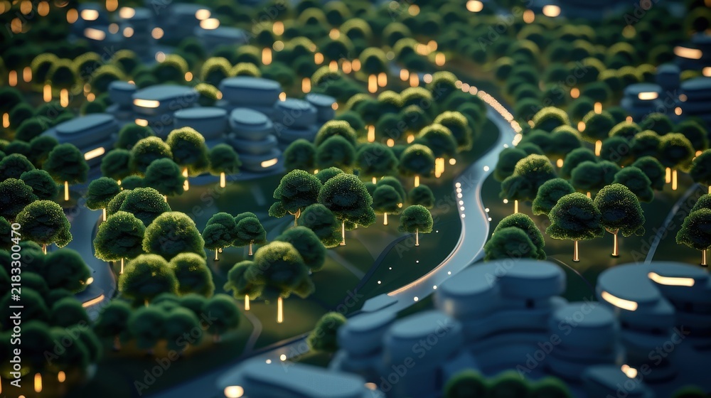 Obraz premium Aerial view of a smart city with interconnected network of glowing trees, serving as both natural air purifiers and 5G signal transmitters