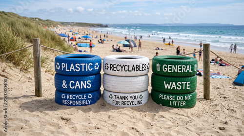 Recycling bins made of colored tires on a sandy crowded beach.