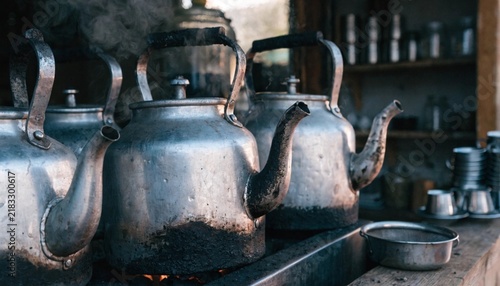 Traditional Pakistani Dhaba Tea Kettles Boiling on Stove with Authentic Chai Making Scene