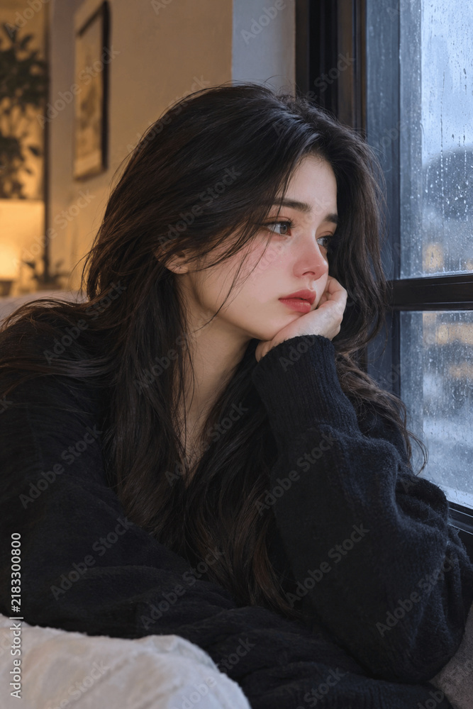 Fototapeta premium “Melancholic Young Woman Looking Through Rainy Window”