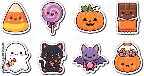 Cute kawaii halloween characters and candy treats stickers collection.
