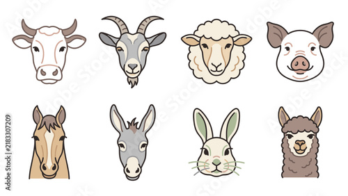 Domestic Farm Animal Head Icons Collection with Editable Thin Line Vector Illustrations