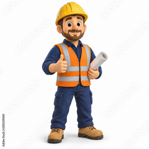 Plakat w ramie A smiling contractor holds a rolled blueprint and gives a thumbs up, wearing protective workwear in a 3D clay illustration isolated on a white background.