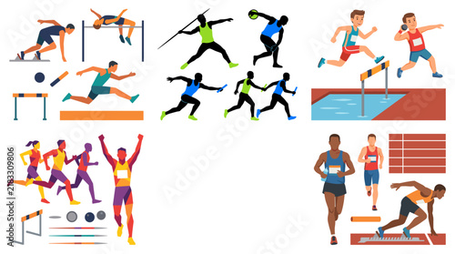 Set of vector collection featuring different styles of track and field athletes performing a variety of athletics events, including sprinting, running, jumping, throwing, relay racing
